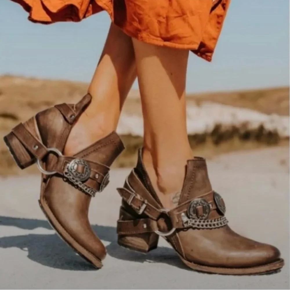 Freebird Mystic Boho Cowgirl Western Conches Brown Taupe Boots Booties, Size 6 - Picture 1 of 10